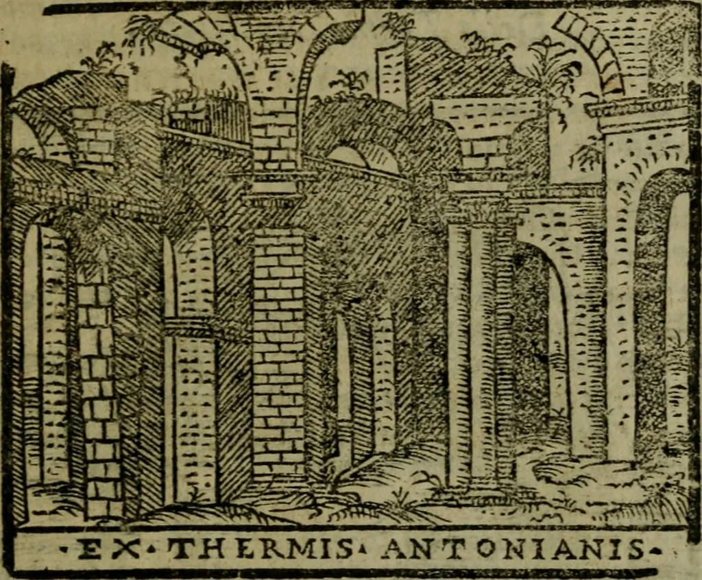 An illustration from Descrittione di Roma antica e moderna : nella quale si contengono chiese, monasterij, hospedali, compagnie, collegij e seminarij, tempij, teatri, anfiteatri, naumachie, cerchi, fori, curie, palazzi, e statue, librerie, musei, pitture, sculture, & i nomi de gli artefici : indice de'sommi pontefici, imperatori e duchi : con due copiosissime tauole, 1643, leaf 484