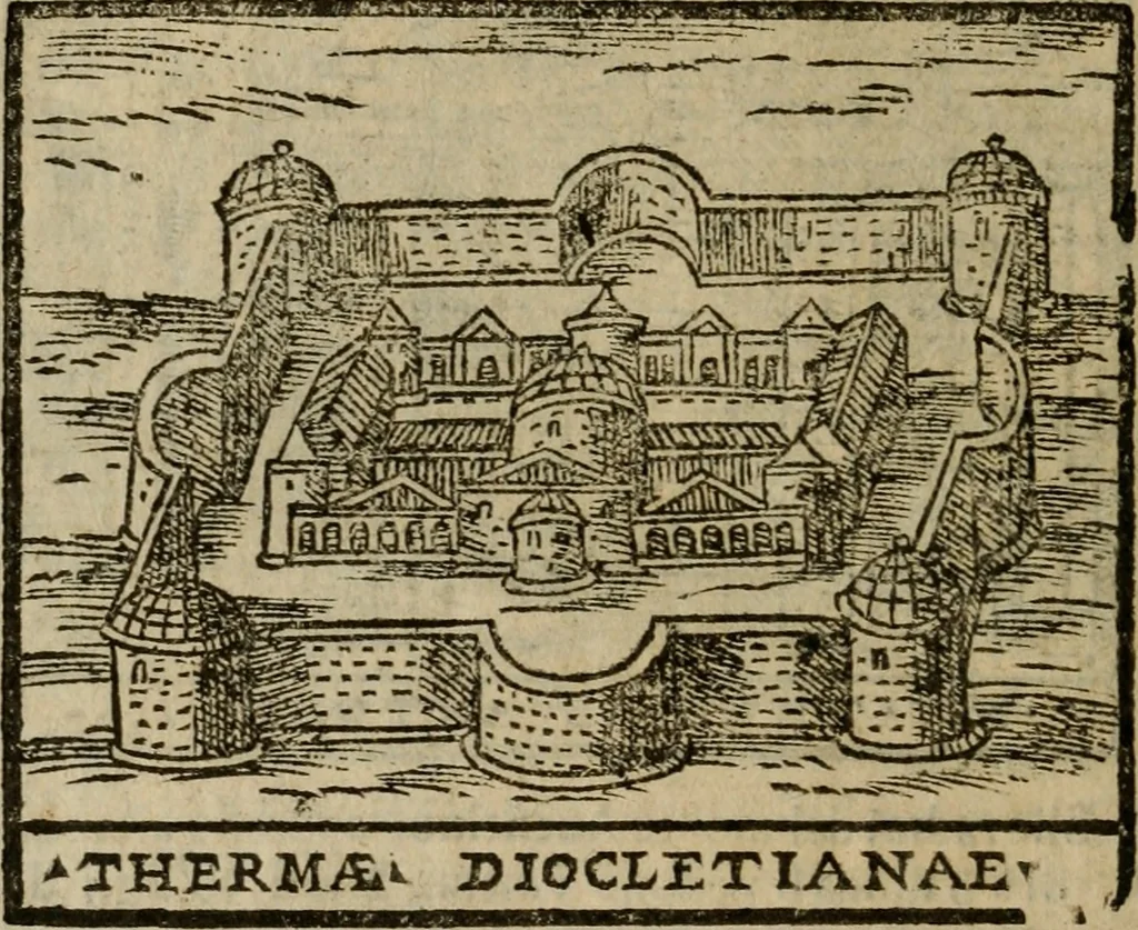 An illustration from Descrittione di Roma antica e moderna : nella quale si contengono chiese, monasterij, hospedali, compagnie, collegij e seminarij, tempij, teatri, anfiteatri, naumachie, cerchi, fori, curie, palazzi, e statue, librerie, musei, pitture, sculture, & i nomi de gli artefici : indice de'sommi pontefici, imperatori e duchi : con due copiosissime tauole, 1643, leaf 485