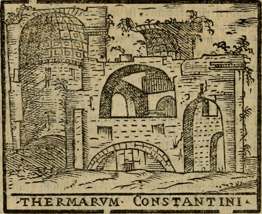 An illustration from Descrittione di Roma antica e moderna : nella quale si contengono chiese, monasterij, hospedali, compagnie, collegij e seminarij, tempij, teatri, anfiteatri, naumachie, cerchi, fori, curie, palazzi, e statue, librerie, musei, pitture, sculture, & i nomi de gli artefici : indice de'sommi pontefici, imperatori e duchi : con due copiosissime tauole, 1643, leaf 487