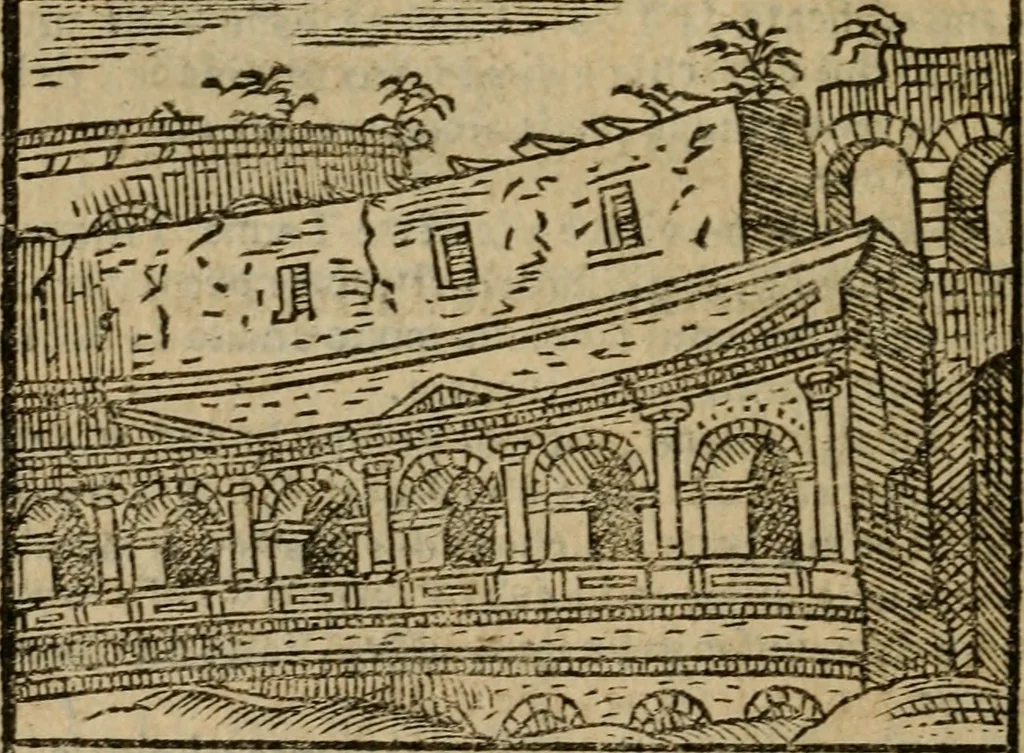 An illustration from Descrittione di Roma antica e moderna : nella quale si contengono chiese, monasterij, hospedali, compagnie, collegij e seminarij, tempij, teatri, anfiteatri, naumachie, cerchi, fori, curie, palazzi, e statue, librerie, musei, pitture, sculture, & i nomi de gli artefici : indice de'sommi pontefici, imperatori e duchi : con due copiosissime tauole, 1643, leaf 489
