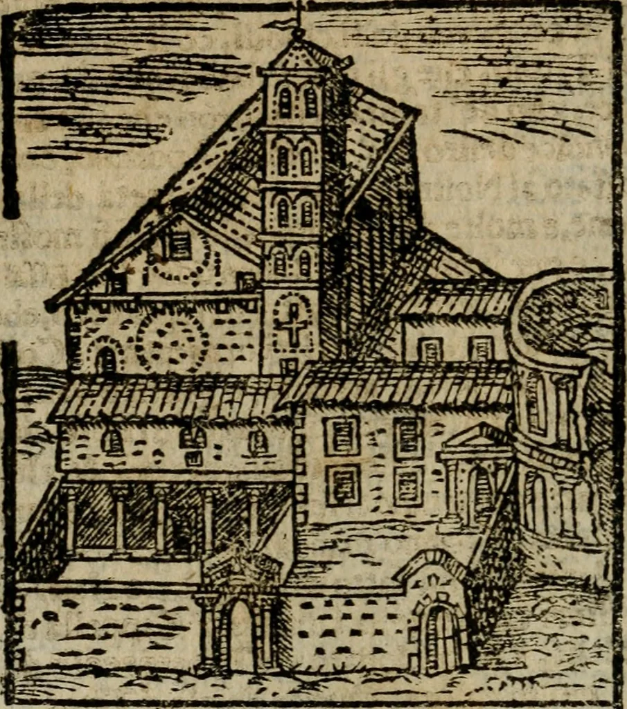 An illustration from Descrittione di Roma antica e moderna : nella quale si contengono chiese, monasterij, hospedali, compagnie, collegij e seminarij, tempij, teatri, anfiteatri, naumachie, cerchi, fori, curie, palazzi, e statue, librerie, musei, pitture, sculture, & i nomi de gli artefici : indice de'sommi pontefici, imperatori e duchi : con due copiosissime tauole, 1643, leaf 49