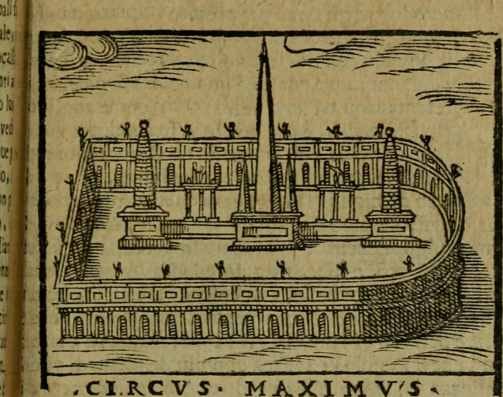 An illustration from Descrittione di Roma antica e moderna : nella quale si contengono chiese, monasterij, hospedali, compagnie, collegij e seminarij, tempij, teatri, anfiteatri, naumachie, cerchi, fori, curie, palazzi, e statue, librerie, musei, pitture, sculture, & i nomi de gli artefici : indice de'sommi pontefici, imperatori e duchi : con due copiosissime tauole, 1643, leaf 496