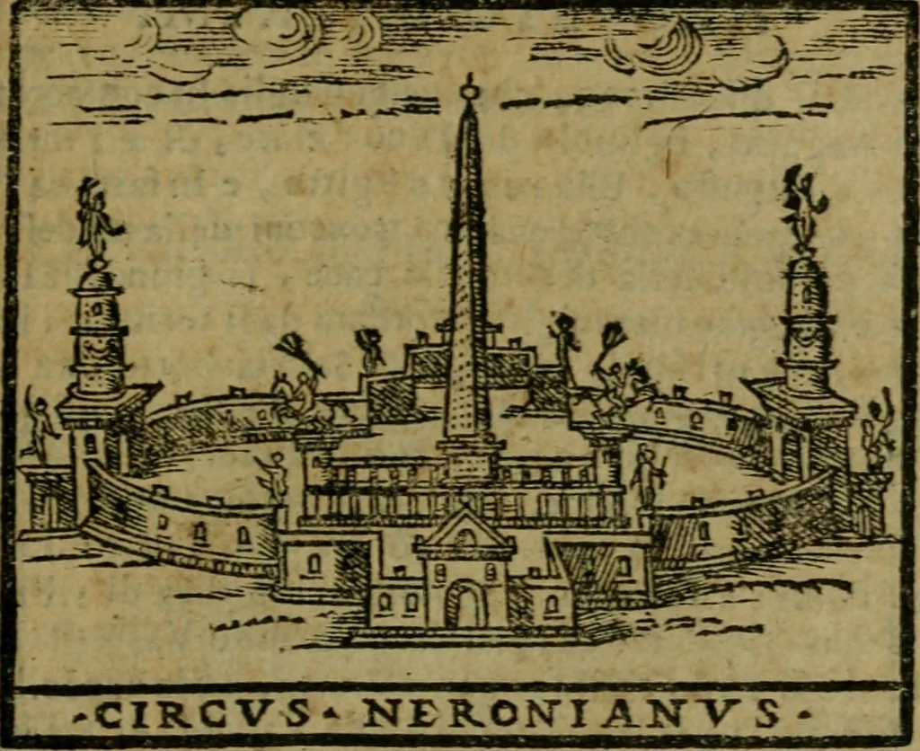 An illustration from Descrittione di Roma antica e moderna : nella quale si contengono chiese, monasterij, hospedali, compagnie, collegij e seminarij, tempij, teatri, anfiteatri, naumachie, cerchi, fori, curie, palazzi, e statue, librerie, musei, pitture, sculture, & i nomi de gli artefici : indice de'sommi pontefici, imperatori e duchi : con due copiosissime tauole, 1643, leaf 498