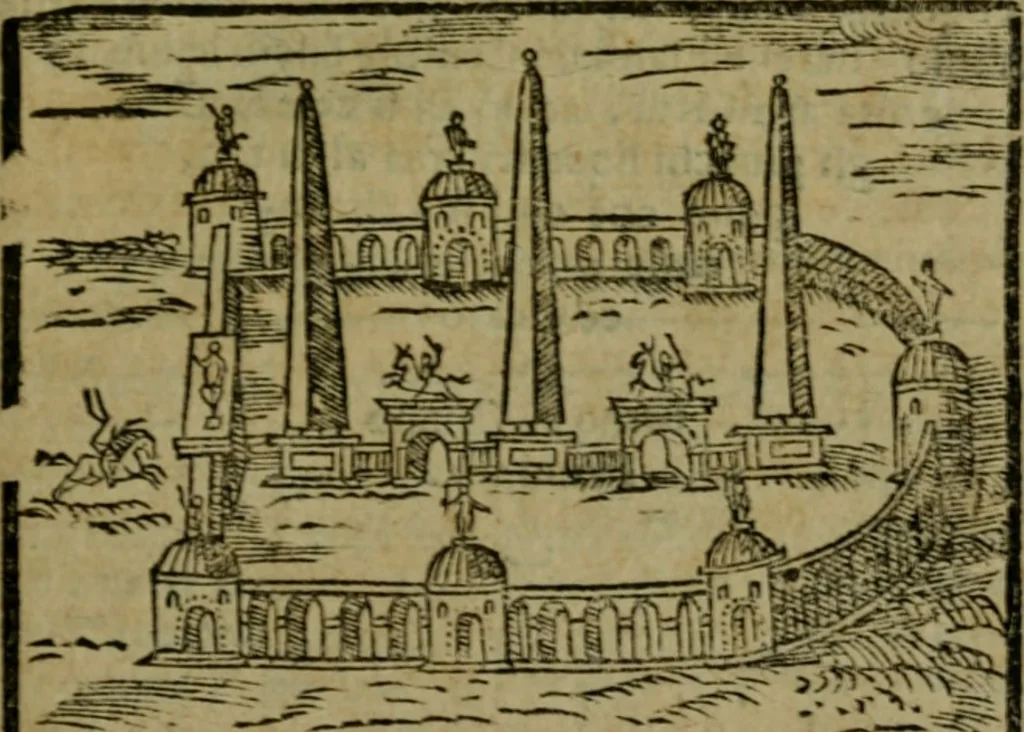 An illustration from Descrittione di Roma antica e moderna : nella quale si contengono chiese, monasterij, hospedali, compagnie, collegij e seminarij, tempij, teatri, anfiteatri, naumachie, cerchi, fori, curie, palazzi, e statue, librerie, musei, pitture, sculture, & i nomi de gli artefici : indice de'sommi pontefici, imperatori e duchi : con due copiosissime tauole, 1643, leaf 500