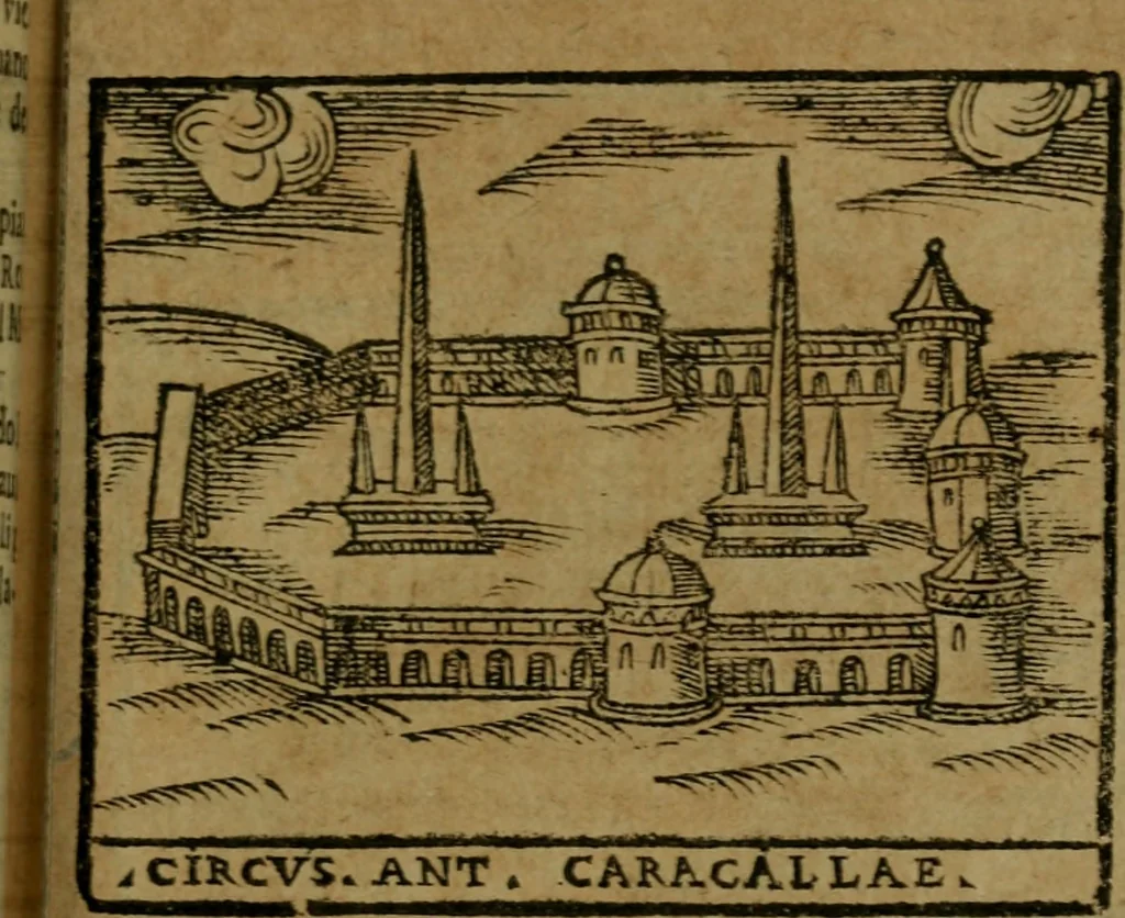 An illustration from Descrittione di Roma antica e moderna : nella quale si contengono chiese, monasterij, hospedali, compagnie, collegij e seminarij, tempij, teatri, anfiteatri, naumachie, cerchi, fori, curie, palazzi, e statue, librerie, musei, pitture, sculture, & i nomi de gli artefici : indice de'sommi pontefici, imperatori e duchi : con due copiosissime tauole, 1643, leaf 502
