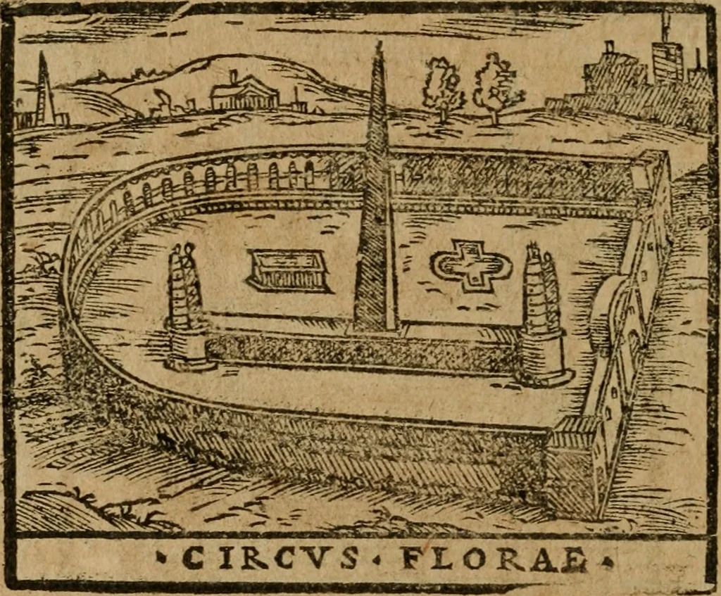 An illustration from Descrittione di Roma antica e moderna : nella quale si contengono chiese, monasterij, hospedali, compagnie, collegij e seminarij, tempij, teatri, anfiteatri, naumachie, cerchi, fori, curie, palazzi, e statue, librerie, musei, pitture, sculture, & i nomi de gli artefici : indice de'sommi pontefici, imperatori e duchi : con due copiosissime tauole, 1643, leaf 503