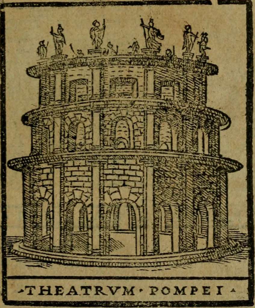 An illustration from Descrittione di Roma antica e moderna : nella quale si contengono chiese, monasterij, hospedali, compagnie, collegij e seminarij, tempij, teatri, anfiteatri, naumachie, cerchi, fori, curie, palazzi, e statue, librerie, musei, pitture, sculture, & i nomi de gli artefici : indice de'sommi pontefici, imperatori e duchi : con due copiosissime tauole, 1643, leaf 504