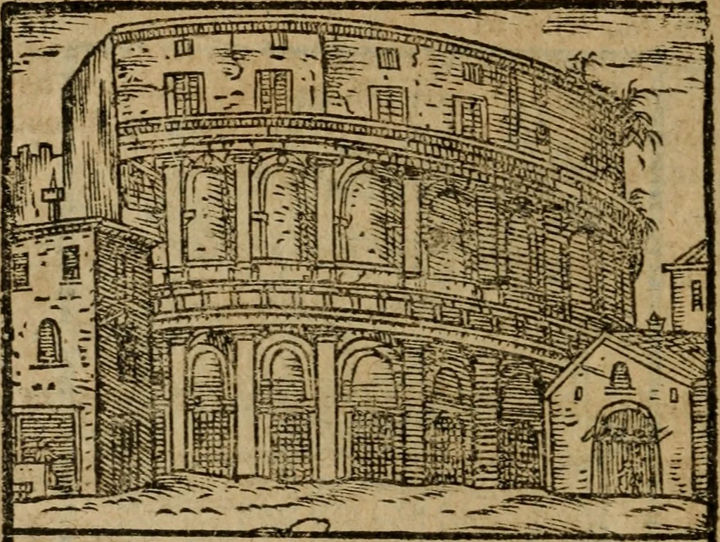 An illustration from Descrittione di Roma antica e moderna : nella quale si contengono chiese, monasterij, hospedali, compagnie, collegij e seminarij, tempij, teatri, anfiteatri, naumachie, cerchi, fori, curie, palazzi, e statue, librerie, musei, pitture, sculture, & i nomi de gli artefici : indice de'sommi pontefici, imperatori e duchi : con due copiosissime tauole, 1643, leaf 505