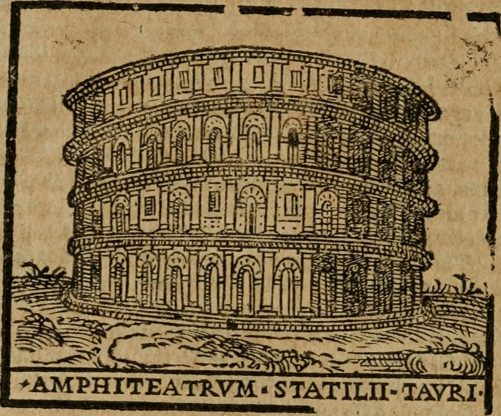 An illustration from Descrittione di Roma antica e moderna : nella quale si contengono chiese, monasterij, hospedali, compagnie, collegij e seminarij, tempij, teatri, anfiteatri, naumachie, cerchi, fori, curie, palazzi, e statue, librerie, musei, pitture, sculture, & i nomi de gli artefici : indice de'sommi pontefici, imperatori e duchi : con due copiosissime tauole, 1643, leaf 509