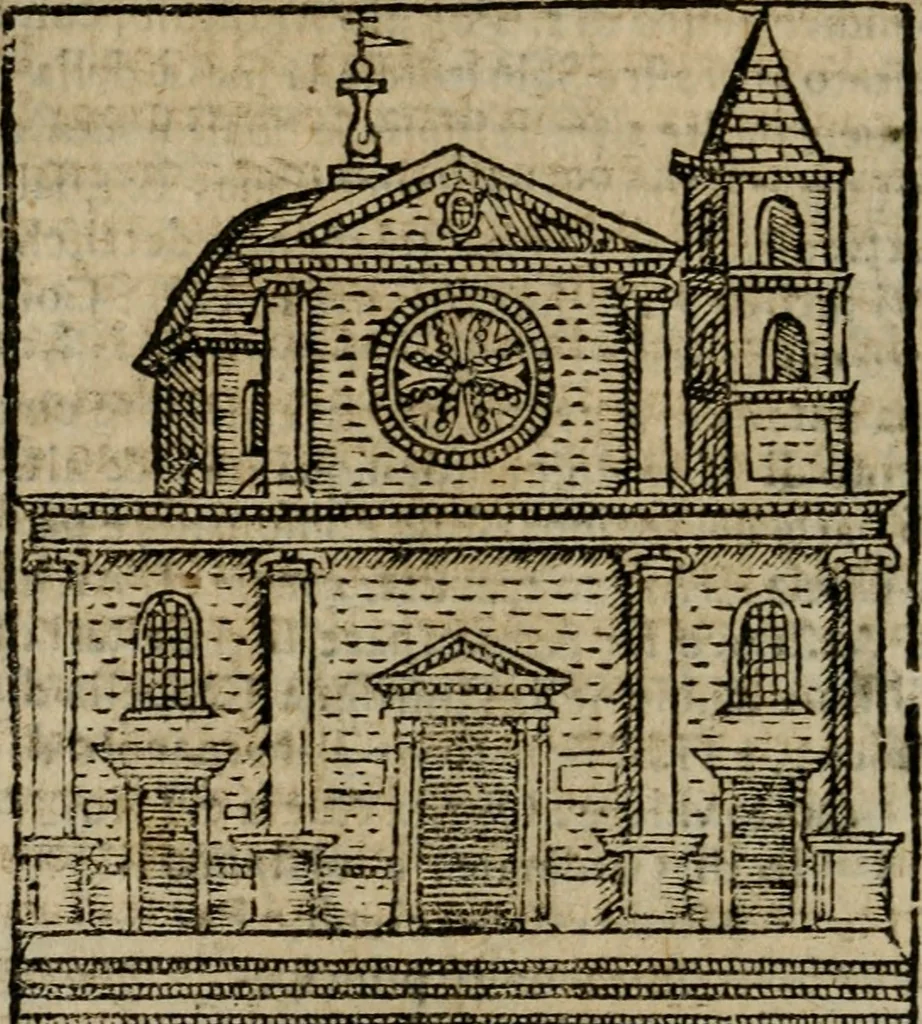 An illustration from Descrittione di Roma antica e moderna : nella quale si contengono chiese, monasterij, hospedali, compagnie, collegij e seminarij, tempij, teatri, anfiteatri, naumachie, cerchi, fori, curie, palazzi, e statue, librerie, musei, pitture, sculture, & i nomi de gli artefici : indice de'sommi pontefici, imperatori e duchi : con due copiosissime tauole, 1643, leaf 51