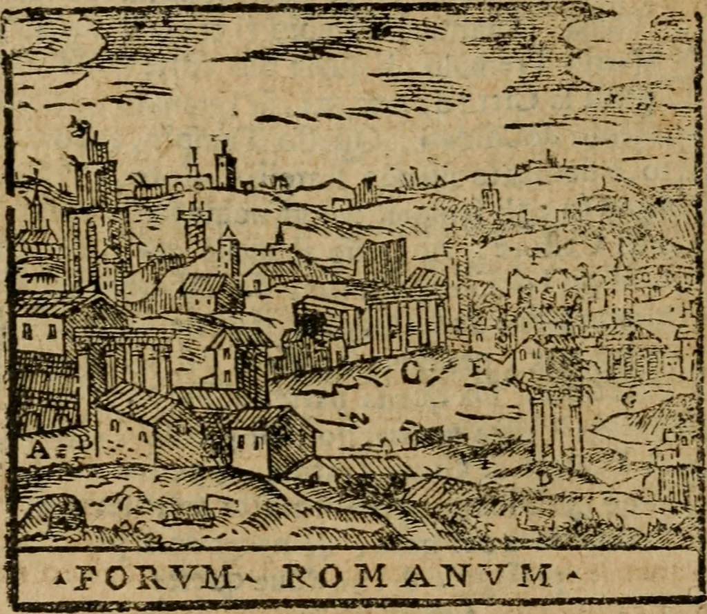 An illustration from Descrittione di Roma antica e moderna : nella quale si contengono chiese, monasterij, hospedali, compagnie, collegij e seminarij, tempij, teatri, anfiteatri, naumachie, cerchi, fori, curie, palazzi, e statue, librerie, musei, pitture, sculture, & i nomi de gli artefici : indice de'sommi pontefici, imperatori e duchi : con due copiosissime tauole, 1643, leaf 513