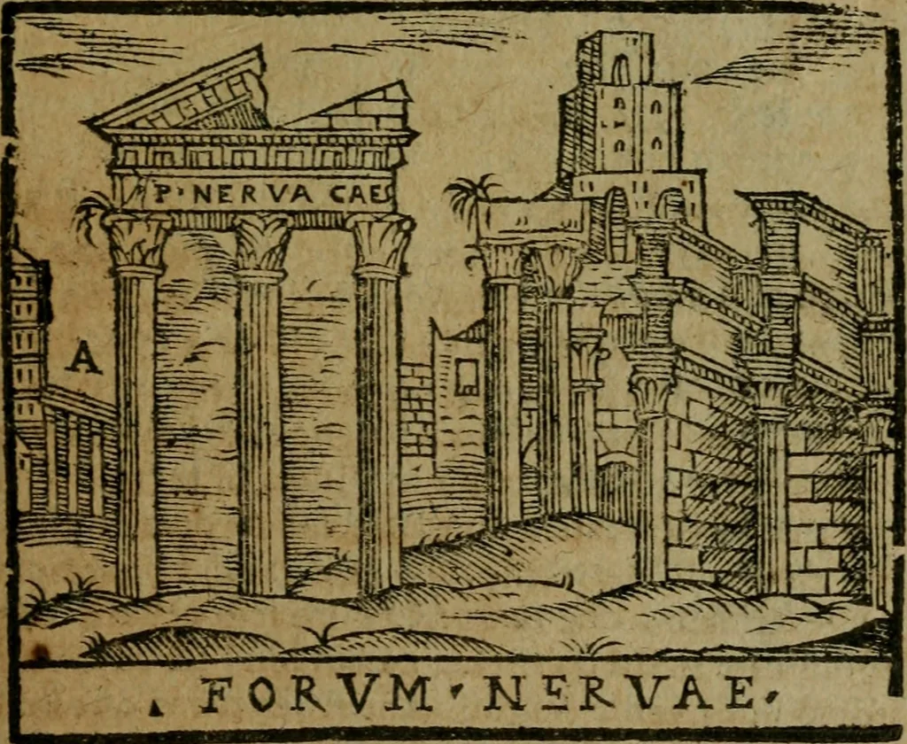 An illustration from Descrittione di Roma antica e moderna : nella quale si contengono chiese, monasterij, hospedali, compagnie, collegij e seminarij, tempij, teatri, anfiteatri, naumachie, cerchi, fori, curie, palazzi, e statue, librerie, musei, pitture, sculture, & i nomi de gli artefici : indice de'sommi pontefici, imperatori e duchi : con due copiosissime tauole, 1643, leaf 516