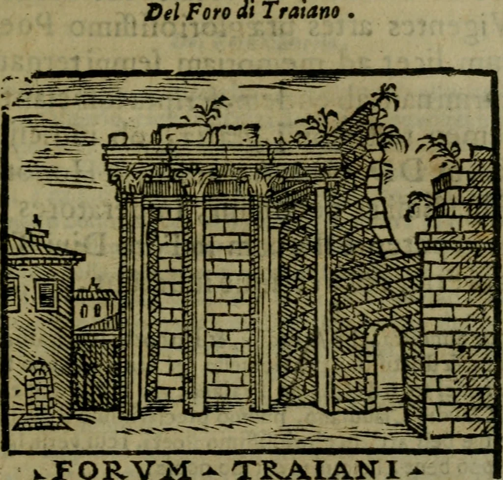 An illustration from Descrittione di Roma antica e moderna : nella quale si contengono chiese, monasterij, hospedali, compagnie, collegij e seminarij, tempij, teatri, anfiteatri, naumachie, cerchi, fori, curie, palazzi, e statue, librerie, musei, pitture, sculture, & i nomi de gli artefici : indice de'sommi pontefici, imperatori e duchi : con due copiosissime tauole, 1643, leaf 518