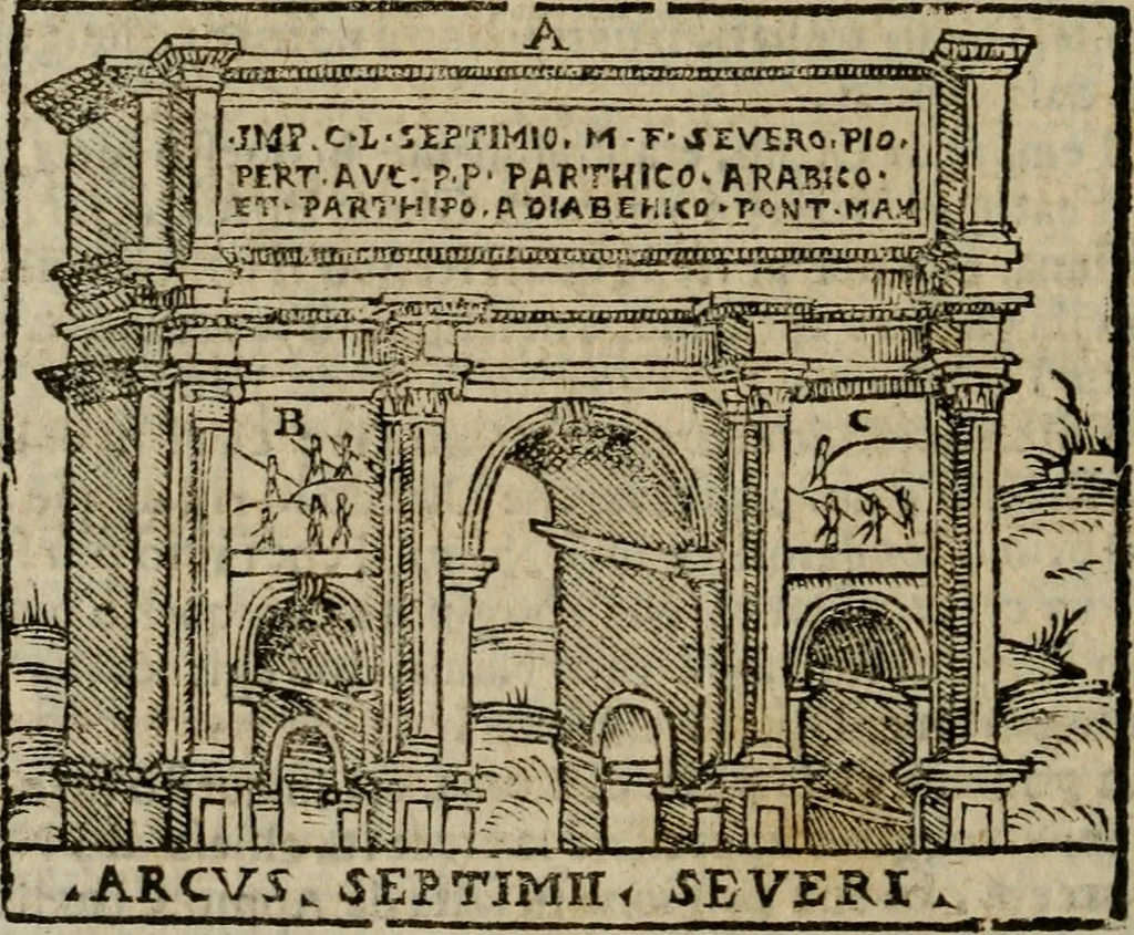 An illustration from Descrittione di Roma antica e moderna : nella quale si contengono chiese, monasterij, hospedali, compagnie, collegij e seminarij, tempij, teatri, anfiteatri, naumachie, cerchi, fori, curie, palazzi, e statue, librerie, musei, pitture, sculture, & i nomi de gli artefici : indice de'sommi pontefici, imperatori e duchi : con due copiosissime tauole, 1643, leaf 521