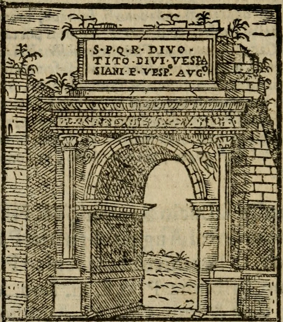 An illustration from Descrittione di Roma antica e moderna : nella quale si contengono chiese, monasterij, hospedali, compagnie, collegij e seminarij, tempij, teatri, anfiteatri, naumachie, cerchi, fori, curie, palazzi, e statue, librerie, musei, pitture, sculture, & i nomi de gli artefici : indice de'sommi pontefici, imperatori e duchi : con due copiosissime tauole, 1643, leaf 523