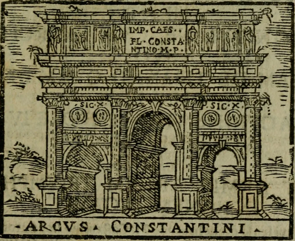 An illustration from Descrittione di Roma antica e moderna : nella quale si contengono chiese, monasterij, hospedali, compagnie, collegij e seminarij, tempij, teatri, anfiteatri, naumachie, cerchi, fori, curie, palazzi, e statue, librerie, musei, pitture, sculture, & i nomi de gli artefici : indice de'sommi pontefici, imperatori e duchi : con due copiosissime tauole, 1643, leaf 524