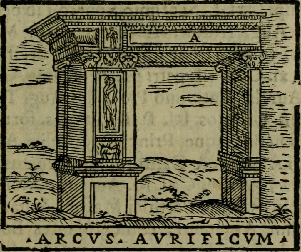 An illustration from Descrittione di Roma antica e moderna : nella quale si contengono chiese, monasterij, hospedali, compagnie, collegij e seminarij, tempij, teatri, anfiteatri, naumachie, cerchi, fori, curie, palazzi, e statue, librerie, musei, pitture, sculture, & i nomi de gli artefici : indice de'sommi pontefici, imperatori e duchi : con due copiosissime tauole, 1643, leaf 526