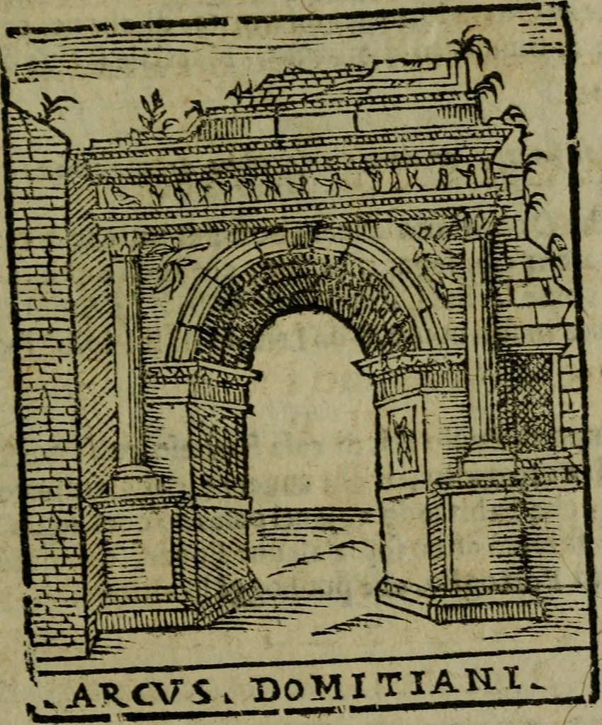 An illustration from Descrittione di Roma antica e moderna : nella quale si contengono chiese, monasterij, hospedali, compagnie, collegij e seminarij, tempij, teatri, anfiteatri, naumachie, cerchi, fori, curie, palazzi, e statue, librerie, musei, pitture, sculture, & i nomi de gli artefici : indice de'sommi pontefici, imperatori e duchi : con due copiosissime tauole, 1643, leaf 528