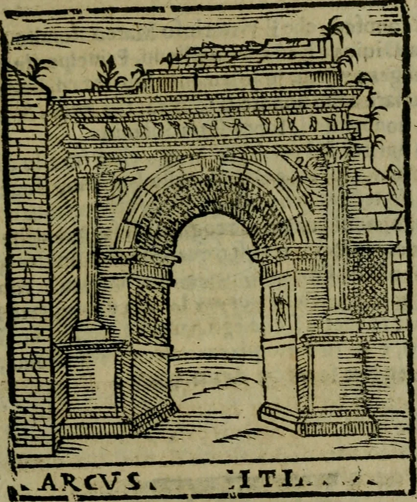 An illustration from Descrittione di Roma antica e moderna : nella quale si contengono chiese, monasterij, hospedali, compagnie, collegij e seminarij, tempij, teatri, anfiteatri, naumachie, cerchi, fori, curie, palazzi, e statue, librerie, musei, pitture, sculture, & i nomi de gli artefici : indice de'sommi pontefici, imperatori e duchi : con due copiosissime tauole, 1643, leaf 530