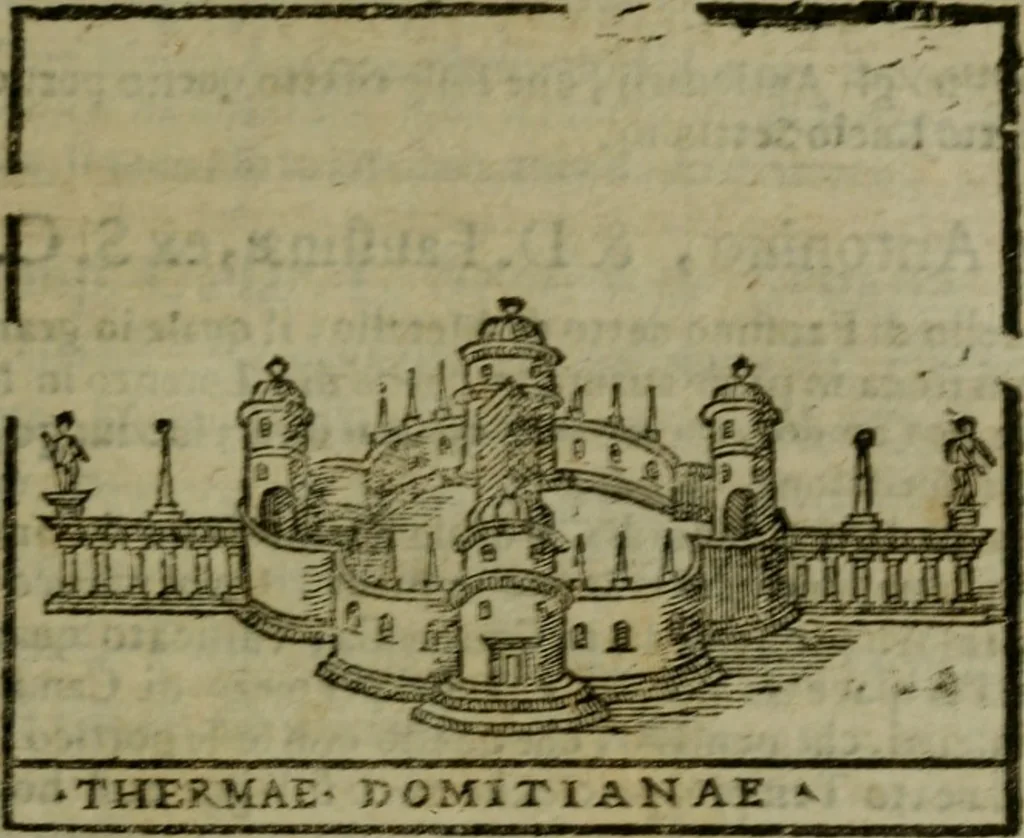 An illustration from Descrittione di Roma antica e moderna : nella quale si contengono chiese, monasterij, hospedali, compagnie, collegij e seminarij, tempij, teatri, anfiteatri, naumachie, cerchi, fori, curie, palazzi, e statue, librerie, musei, pitture, sculture, & i nomi de gli artefici : indice de'sommi pontefici, imperatori e duchi : con due copiosissime tauole, 1643, leaf 532