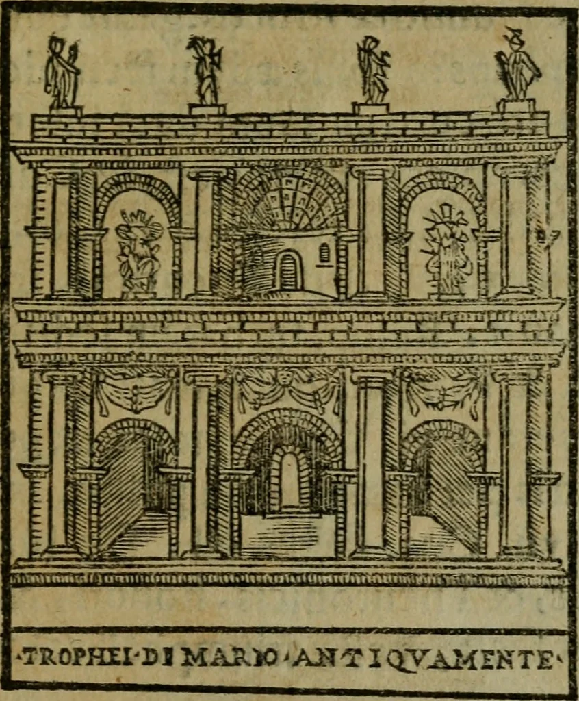 An illustration from Descrittione di Roma antica e moderna : nella quale si contengono chiese, monasterij, hospedali, compagnie, collegij e seminarij, tempij, teatri, anfiteatri, naumachie, cerchi, fori, curie, palazzi, e statue, librerie, musei, pitture, sculture, & i nomi de gli artefici : indice de'sommi pontefici, imperatori e duchi : con due copiosissime tauole, 1643, leaf 536