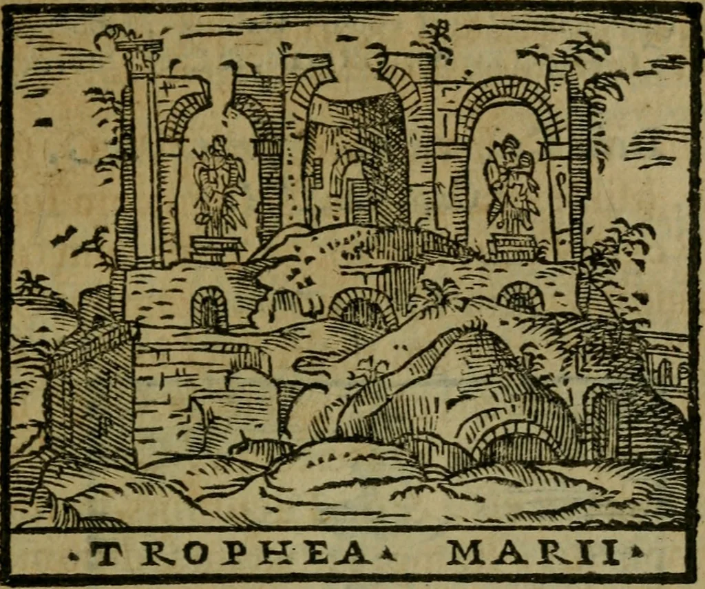 An illustration from Descrittione di Roma antica e moderna : nella quale si contengono chiese, monasterij, hospedali, compagnie, collegij e seminarij, tempij, teatri, anfiteatri, naumachie, cerchi, fori, curie, palazzi, e statue, librerie, musei, pitture, sculture, & i nomi de gli artefici : indice de'sommi pontefici, imperatori e duchi : con due copiosissime tauole, 1643, leaf 538