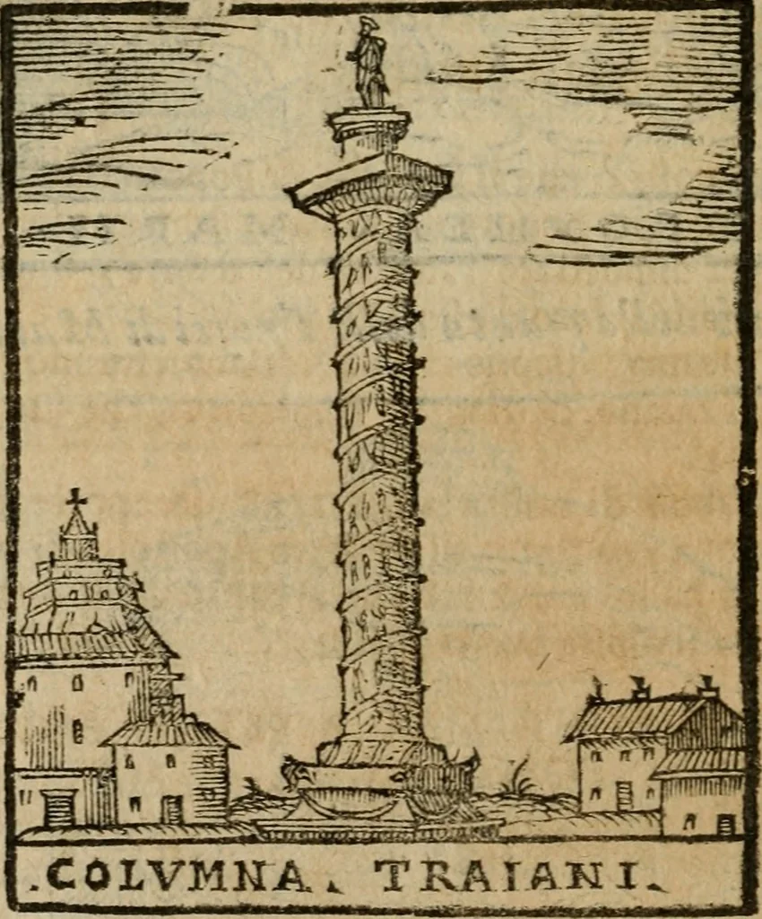 An illustration from Descrittione di Roma antica e moderna : nella quale si contengono chiese, monasterij, hospedali, compagnie, collegij e seminarij, tempij, teatri, anfiteatri, naumachie, cerchi, fori, curie, palazzi, e statue, librerie, musei, pitture, sculture, & i nomi de gli artefici : indice de'sommi pontefici, imperatori e duchi : con due copiosissime tauole, 1643, leaf 539