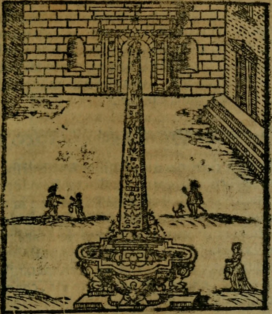 An illustration from Descrittione di Roma antica e moderna : nella quale si contengono chiese, monasterij, hospedali, compagnie, collegij e seminarij, tempij, teatri, anfiteatri, naumachie, cerchi, fori, curie, palazzi, e statue, librerie, musei, pitture, sculture, & i nomi de gli artefici : indice de'sommi pontefici, imperatori e duchi : con due copiosissime tauole, 1643, leaf 54
