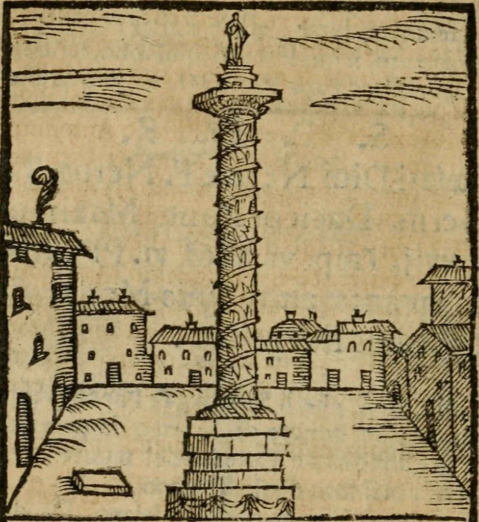 An illustration from Descrittione di Roma antica e moderna : nella quale si contengono chiese, monasterij, hospedali, compagnie, collegij e seminarij, tempij, teatri, anfiteatri, naumachie, cerchi, fori, curie, palazzi, e statue, librerie, musei, pitture, sculture, & i nomi de gli artefici : indice de'sommi pontefici, imperatori e duchi : con due copiosissime tauole, 1643, leaf 541