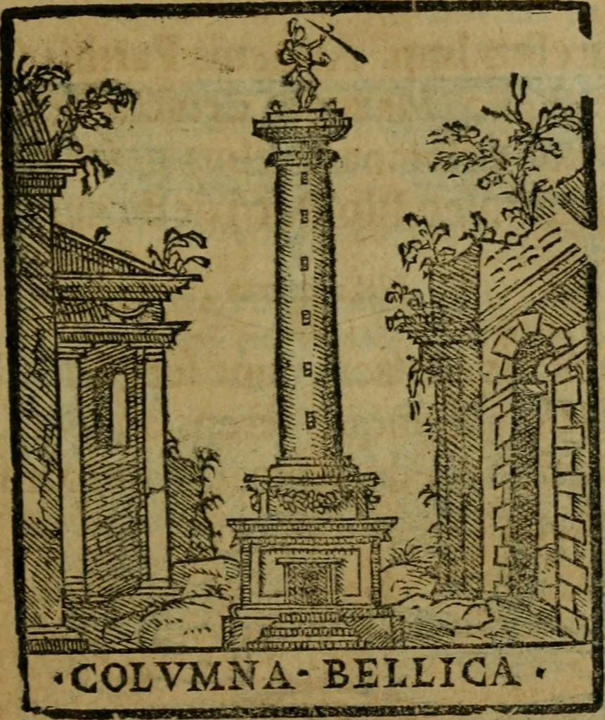 An illustration from Descrittione di Roma antica e moderna : nella quale si contengono chiese, monasterij, hospedali, compagnie, collegij e seminarij, tempij, teatri, anfiteatri, naumachie, cerchi, fori, curie, palazzi, e statue, librerie, musei, pitture, sculture, & i nomi de gli artefici : indice de'sommi pontefici, imperatori e duchi : con due copiosissime tauole, 1643, leaf 544
