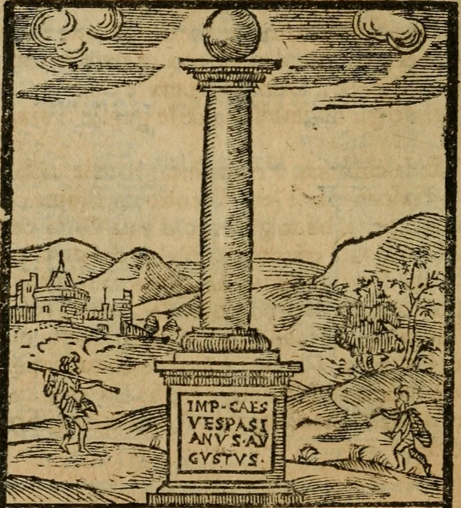 An illustration from Descrittione di Roma antica e moderna : nella quale si contengono chiese, monasterij, hospedali, compagnie, collegij e seminarij, tempij, teatri, anfiteatri, naumachie, cerchi, fori, curie, palazzi, e statue, librerie, musei, pitture, sculture, & i nomi de gli artefici : indice de'sommi pontefici, imperatori e duchi : con due copiosissime tauole, 1643, leaf 545