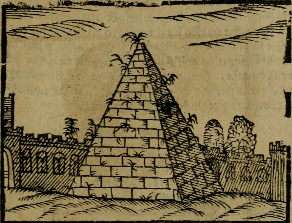 An illustration from Descrittione di Roma antica e moderna : nella quale si contengono chiese, monasterij, hospedali, compagnie, collegij e seminarij, tempij, teatri, anfiteatri, naumachie, cerchi, fori, curie, palazzi, e statue, librerie, musei, pitture, sculture, & i nomi de gli artefici : indice de'sommi pontefici, imperatori e duchi : con due copiosissime tauole, 1643, leaf 554