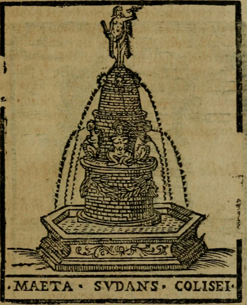 An illustration from Descrittione di Roma antica e moderna : nella quale si contengono chiese, monasterij, hospedali, compagnie, collegij e seminarij, tempij, teatri, anfiteatri, naumachie, cerchi, fori, curie, palazzi, e statue, librerie, musei, pitture, sculture, & i nomi de gli artefici : indice de'sommi pontefici, imperatori e duchi : con due copiosissime tauole, 1643, leaf 556