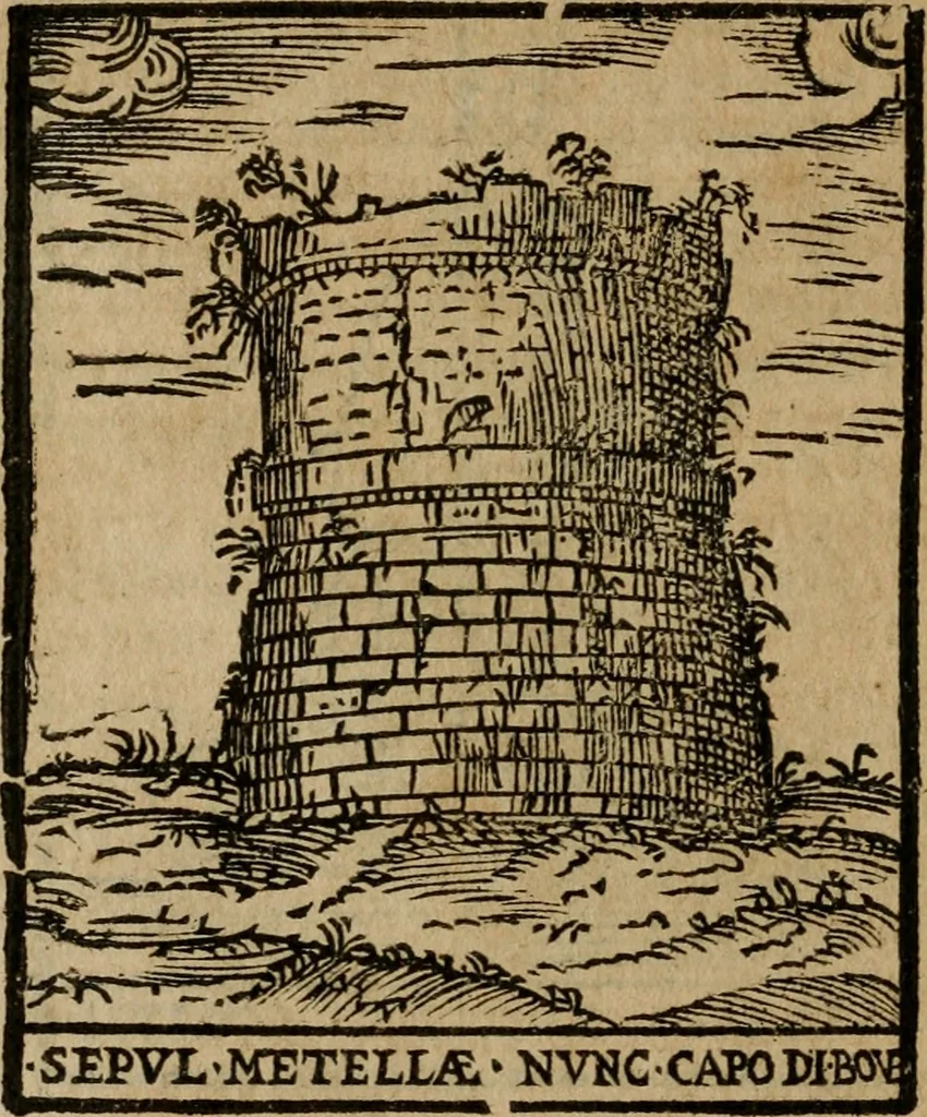 An illustration from Descrittione di Roma antica e moderna : nella quale si contengono chiese, monasterij, hospedali, compagnie, collegij e seminarij, tempij, teatri, anfiteatri, naumachie, cerchi, fori, curie, palazzi, e statue, librerie, musei, pitture, sculture, & i nomi de gli artefici : indice de'sommi pontefici, imperatori e duchi : con due copiosissime tauole, 1643, leaf 557