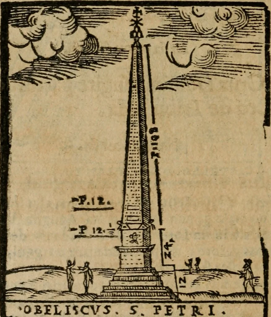 An illustration from Descrittione di Roma antica e moderna : nella quale si contengono chiese, monasterij, hospedali, compagnie, collegij e seminarij, tempij, teatri, anfiteatri, naumachie, cerchi, fori, curie, palazzi, e statue, librerie, musei, pitture, sculture, & i nomi de gli artefici : indice de'sommi pontefici, imperatori e duchi : con due copiosissime tauole, 1643, leaf 561