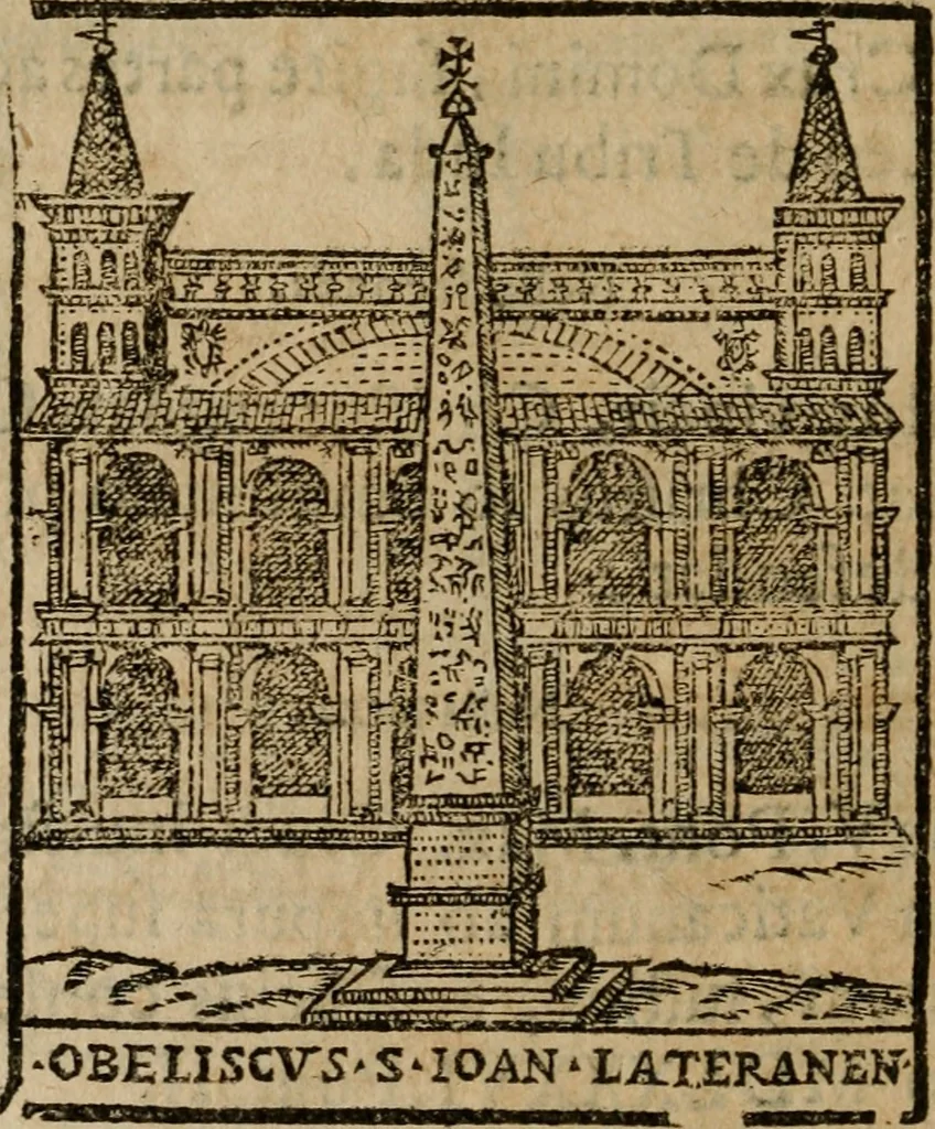 An illustration from Descrittione di Roma antica e moderna : nella quale si contengono chiese, monasterij, hospedali, compagnie, collegij e seminarij, tempij, teatri, anfiteatri, naumachie, cerchi, fori, curie, palazzi, e statue, librerie, musei, pitture, sculture, & i nomi de gli artefici : indice de'sommi pontefici, imperatori e duchi : con due copiosissime tauole, 1643, leaf 563