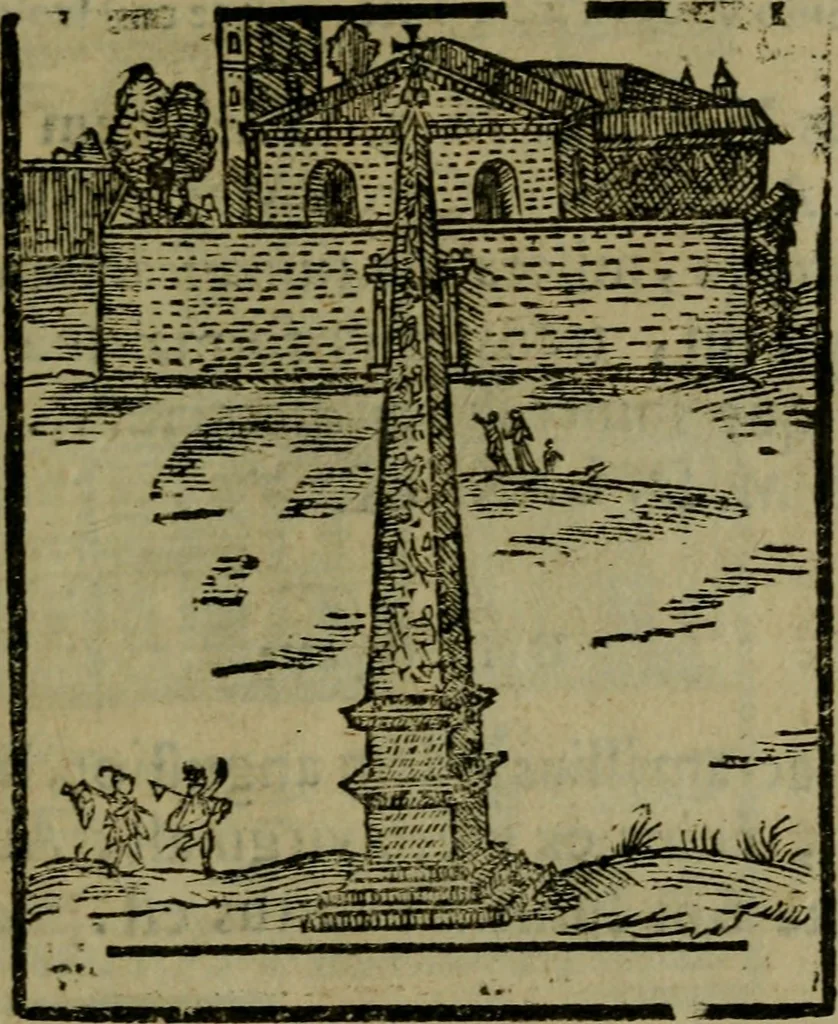 An illustration from Descrittione di Roma antica e moderna : nella quale si contengono chiese, monasterij, hospedali, compagnie, collegij e seminarij, tempij, teatri, anfiteatri, naumachie, cerchi, fori, curie, palazzi, e statue, librerie, musei, pitture, sculture, & i nomi de gli artefici : indice de'sommi pontefici, imperatori e duchi : con due copiosissime tauole, 1643, leaf 566