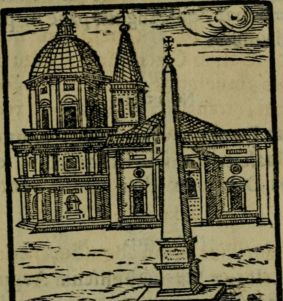 An illustration from Descrittione di Roma antica e moderna : nella quale si contengono chiese, monasterij, hospedali, compagnie, collegij e seminarij, tempij, teatri, anfiteatri, naumachie, cerchi, fori, curie, palazzi, e statue, librerie, musei, pitture, sculture, & i nomi de gli artefici : indice de'sommi pontefici, imperatori e duchi : con due copiosissime tauole, 1643, leaf 568