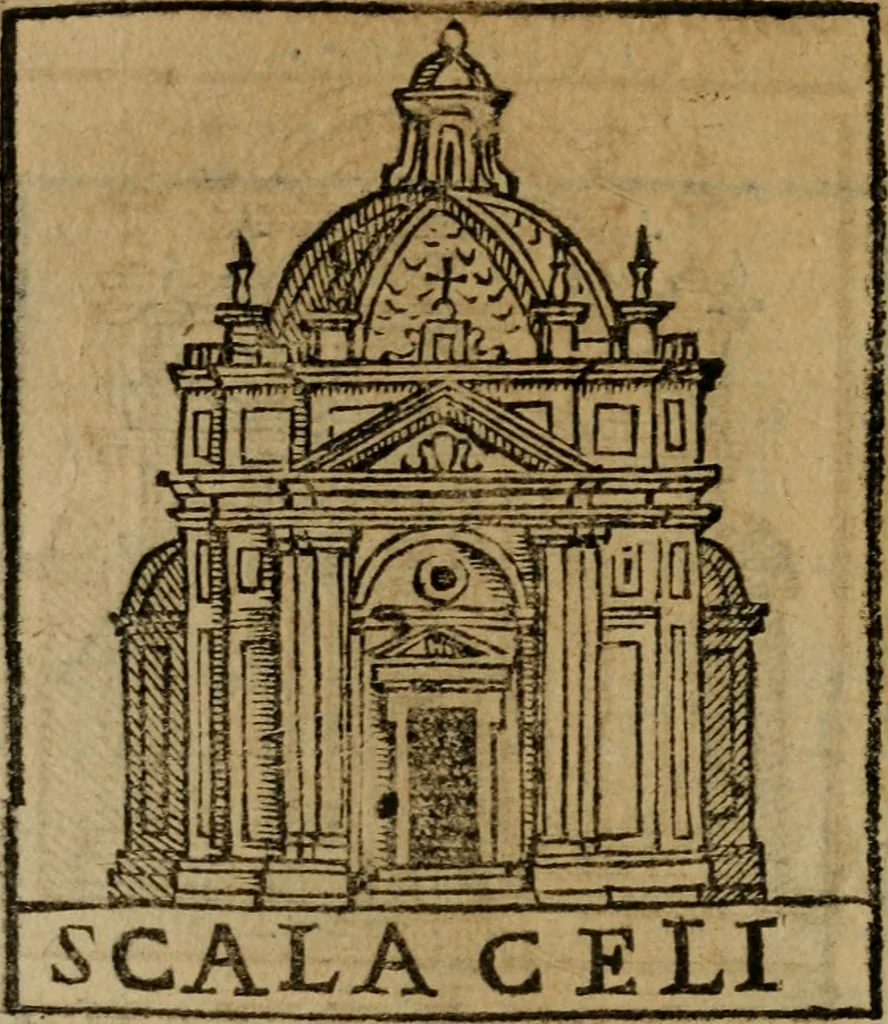 An illustration from Descrittione di Roma antica e moderna : nella quale si contengono chiese, monasterij, hospedali, compagnie, collegij e seminarij, tempij, teatri, anfiteatri, naumachie, cerchi, fori, curie, palazzi, e statue, librerie, musei, pitture, sculture, & i nomi de gli artefici : indice de'sommi pontefici, imperatori e duchi : con due copiosissime tauole, 1643, leaf 57
