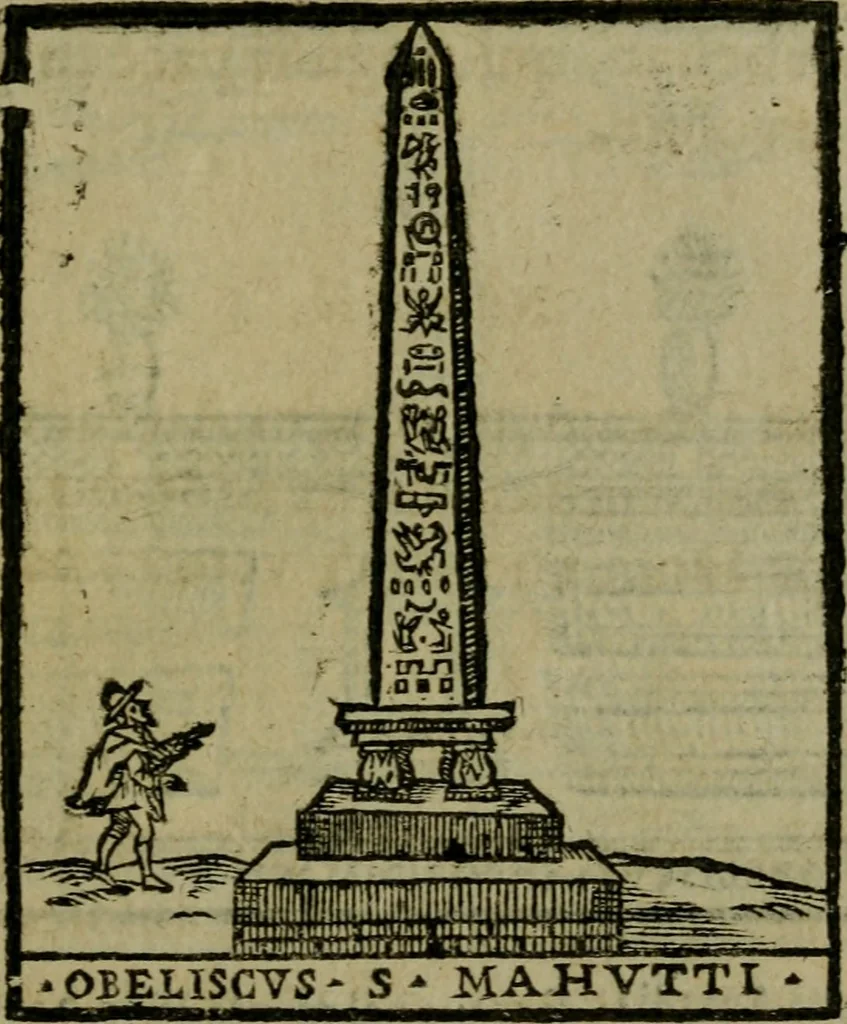 An illustration from Descrittione di Roma antica e moderna : nella quale si contengono chiese, monasterij, hospedali, compagnie, collegij e seminarij, tempij, teatri, anfiteatri, naumachie, cerchi, fori, curie, palazzi, e statue, librerie, musei, pitture, sculture, & i nomi de gli artefici : indice de'sommi pontefici, imperatori e duchi : con due copiosissime tauole, 1643, leaf 570