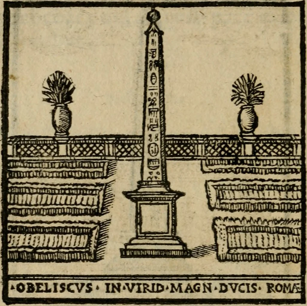 An illustration from Descrittione di Roma antica e moderna : nella quale si contengono chiese, monasterij, hospedali, compagnie, collegij e seminarij, tempij, teatri, anfiteatri, naumachie, cerchi, fori, curie, palazzi, e statue, librerie, musei, pitture, sculture, & i nomi de gli artefici : indice de'sommi pontefici, imperatori e duchi : con due copiosissime tauole, 1643, leaf 571