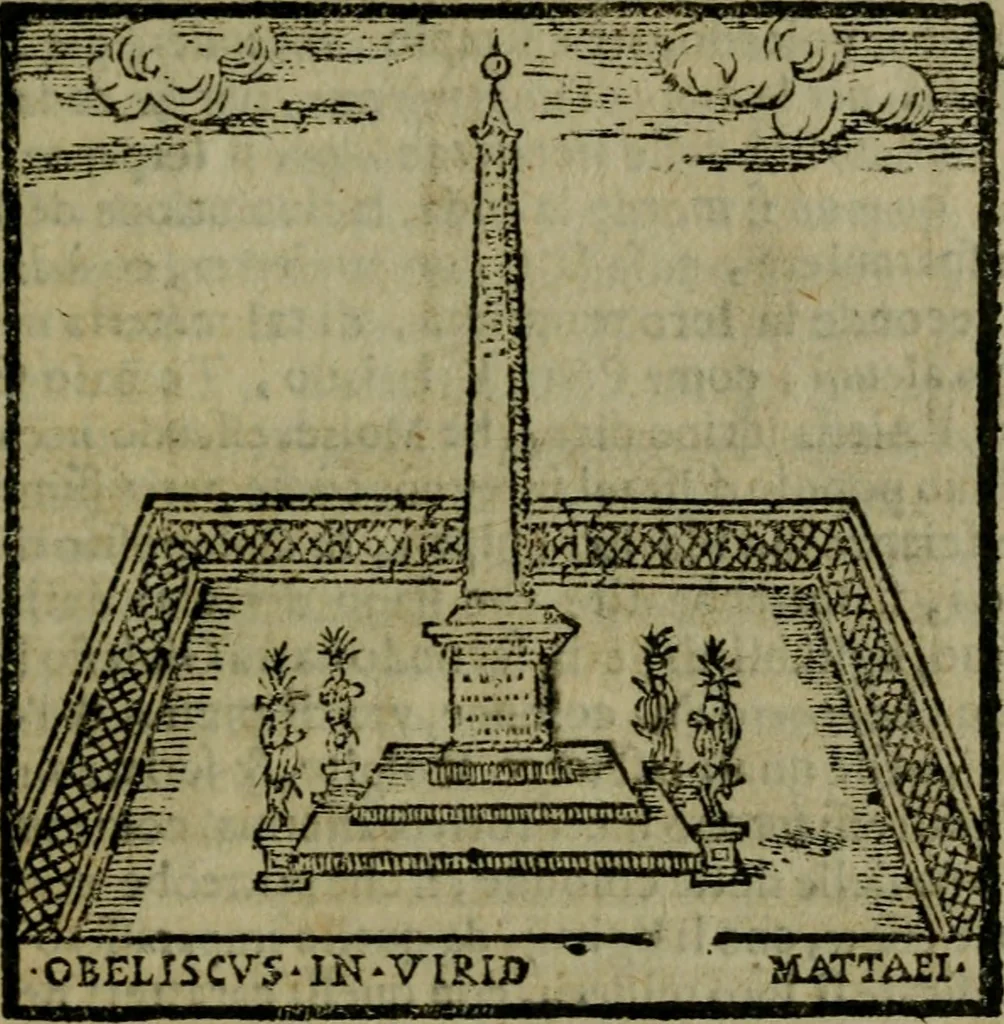 An illustration from Descrittione di Roma antica e moderna : nella quale si contengono chiese, monasterij, hospedali, compagnie, collegij e seminarij, tempij, teatri, anfiteatri, naumachie, cerchi, fori, curie, palazzi, e statue, librerie, musei, pitture, sculture, & i nomi de gli artefici : indice de'sommi pontefici, imperatori e duchi : con due copiosissime tauole, 1643, leaf 572