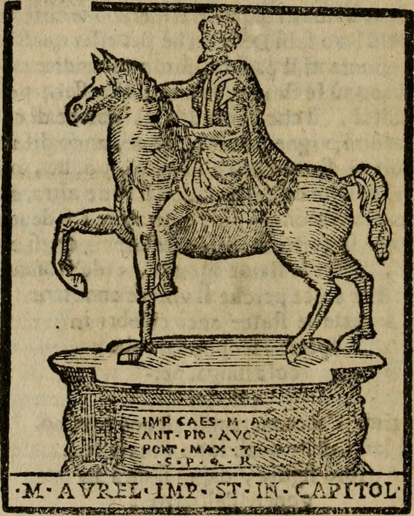 An illustration from Descrittione di Roma antica e moderna : nella quale si contengono chiese, monasterij, hospedali, compagnie, collegij e seminarij, tempij, teatri, anfiteatri, naumachie, cerchi, fori, curie, palazzi, e statue, librerie, musei, pitture, sculture, & i nomi de gli artefici : indice de'sommi pontefici, imperatori e duchi : con due copiosissime tauole, 1643, leaf 575