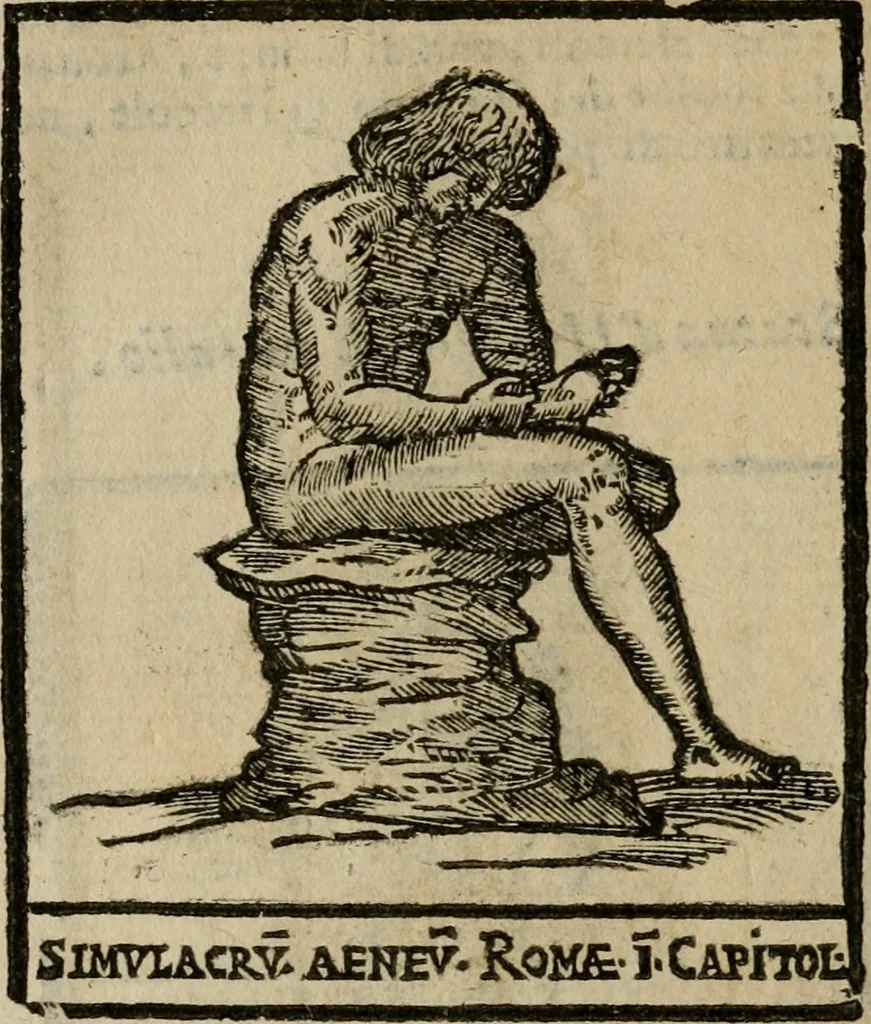 An illustration from Descrittione di Roma antica e moderna : nella quale si contengono chiese, monasterij, hospedali, compagnie, collegij e seminarij, tempij, teatri, anfiteatri, naumachie, cerchi, fori, curie, palazzi, e statue, librerie, musei, pitture, sculture, & i nomi de gli artefici : indice de'sommi pontefici, imperatori e duchi : con due copiosissime tauole, 1643, leaf 577