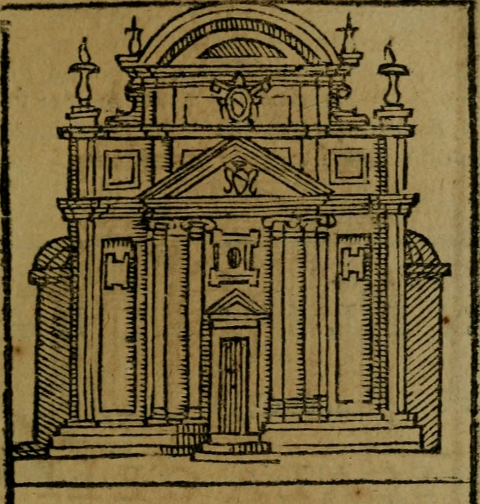 An illustration from Descrittione di Roma antica e moderna : nella quale si contengono chiese, monasterij, hospedali, compagnie, collegij e seminarij, tempij, teatri, anfiteatri, naumachie, cerchi, fori, curie, palazzi, e statue, librerie, musei, pitture, sculture, & i nomi de gli artefici : indice de'sommi pontefici, imperatori e duchi : con due copiosissime tauole, 1643, leaf 58