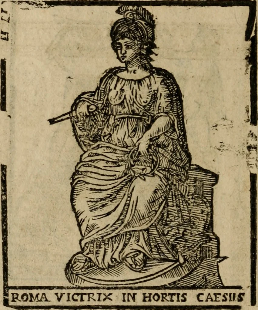 An illustration from Descrittione di Roma antica e moderna : nella quale si contengono chiese, monasterij, hospedali, compagnie, collegij e seminarij, tempij, teatri, anfiteatri, naumachie, cerchi, fori, curie, palazzi, e statue, librerie, musei, pitture, sculture, & i nomi de gli artefici : indice de'sommi pontefici, imperatori e duchi : con due copiosissime tauole, 1643, leaf 585