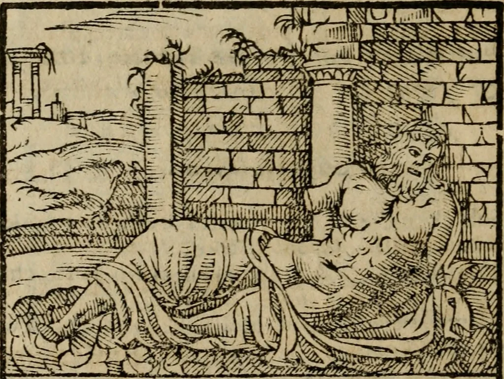 An illustration from Descrittione di Roma antica e moderna : nella quale si contengono chiese, monasterij, hospedali, compagnie, collegij e seminarij, tempij, teatri, anfiteatri, naumachie, cerchi, fori, curie, palazzi, e statue, librerie, musei, pitture, sculture, & i nomi de gli artefici : indice de'sommi pontefici, imperatori e duchi : con due copiosissime tauole, 1643, leaf 595