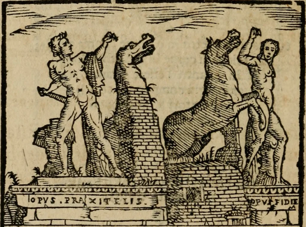 An illustration from Descrittione di Roma antica e moderna : nella quale si contengono chiese, monasterij, hospedali, compagnie, collegij e seminarij, tempij, teatri, anfiteatri, naumachie, cerchi, fori, curie, palazzi, e statue, librerie, musei, pitture, sculture, & i nomi de gli artefici : indice de'sommi pontefici, imperatori e duchi : con due copiosissime tauole, 1643, leaf 599