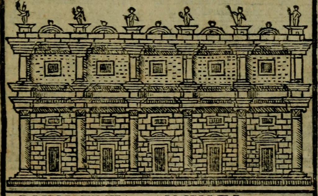 An illustration from Descrittione di Roma antica e moderna : nella quale si contengono chiese, monasterij, hospedali, compagnie, collegij e seminarij, tempij, teatri, anfiteatri, naumachie, cerchi, fori, curie, palazzi, e statue, librerie, musei, pitture, sculture, & i nomi de gli artefici : indice de'sommi pontefici, imperatori e duchi : con due copiosissime tauole, 1643, leaf 602