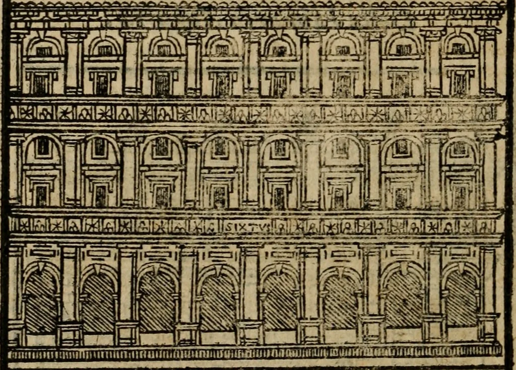 An illustration from Descrittione di Roma antica e moderna : nella quale si contengono chiese, monasterij, hospedali, compagnie, collegij e seminarij, tempij, teatri, anfiteatri, naumachie, cerchi, fori, curie, palazzi, e statue, librerie, musei, pitture, sculture, & i nomi de gli artefici : indice de'sommi pontefici, imperatori e duchi : con due copiosissime tauole, 1643, leaf 603
